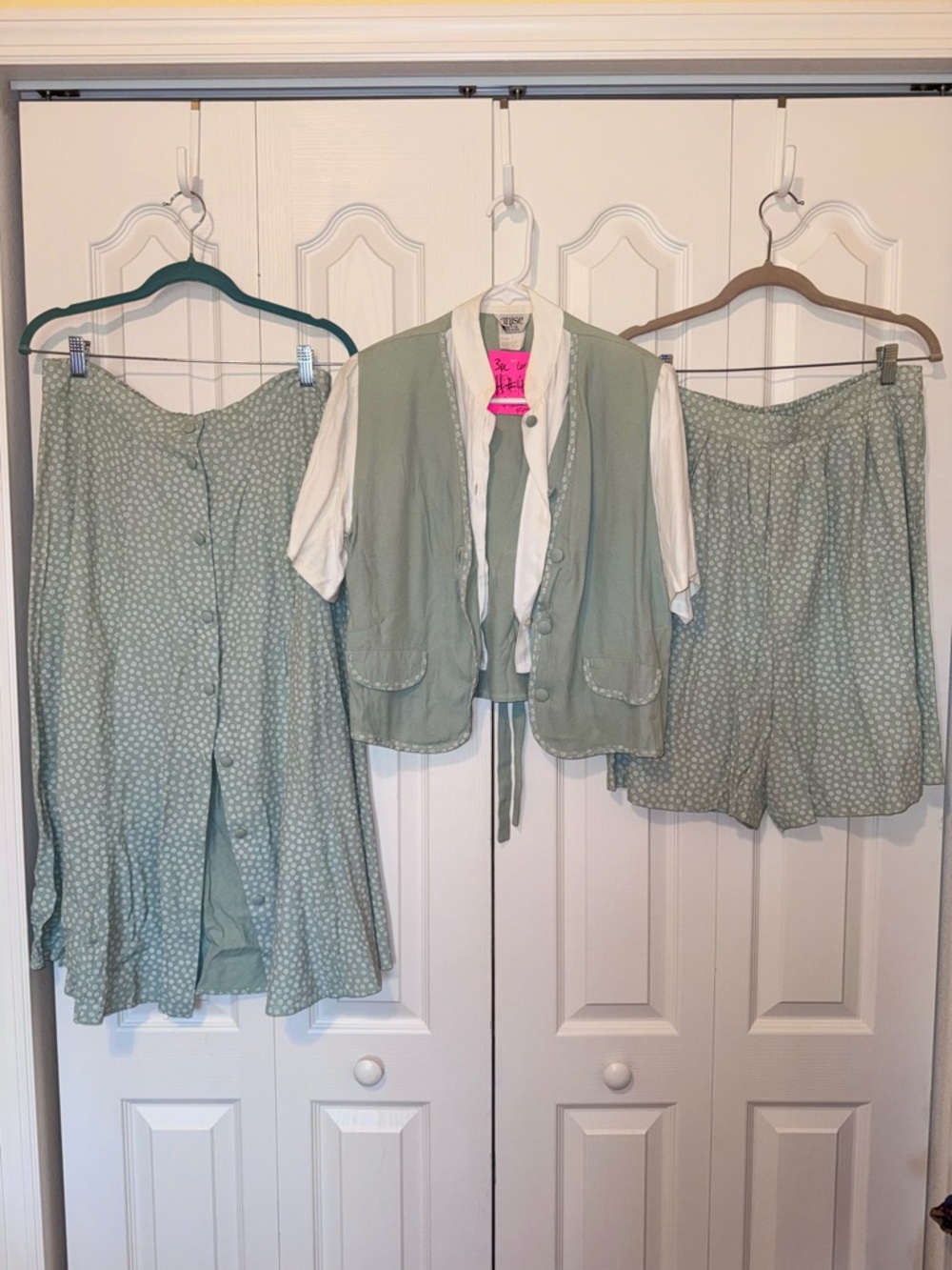Vintage Sage Green Three-Piece Set (Skirt, Vest, Shorts)